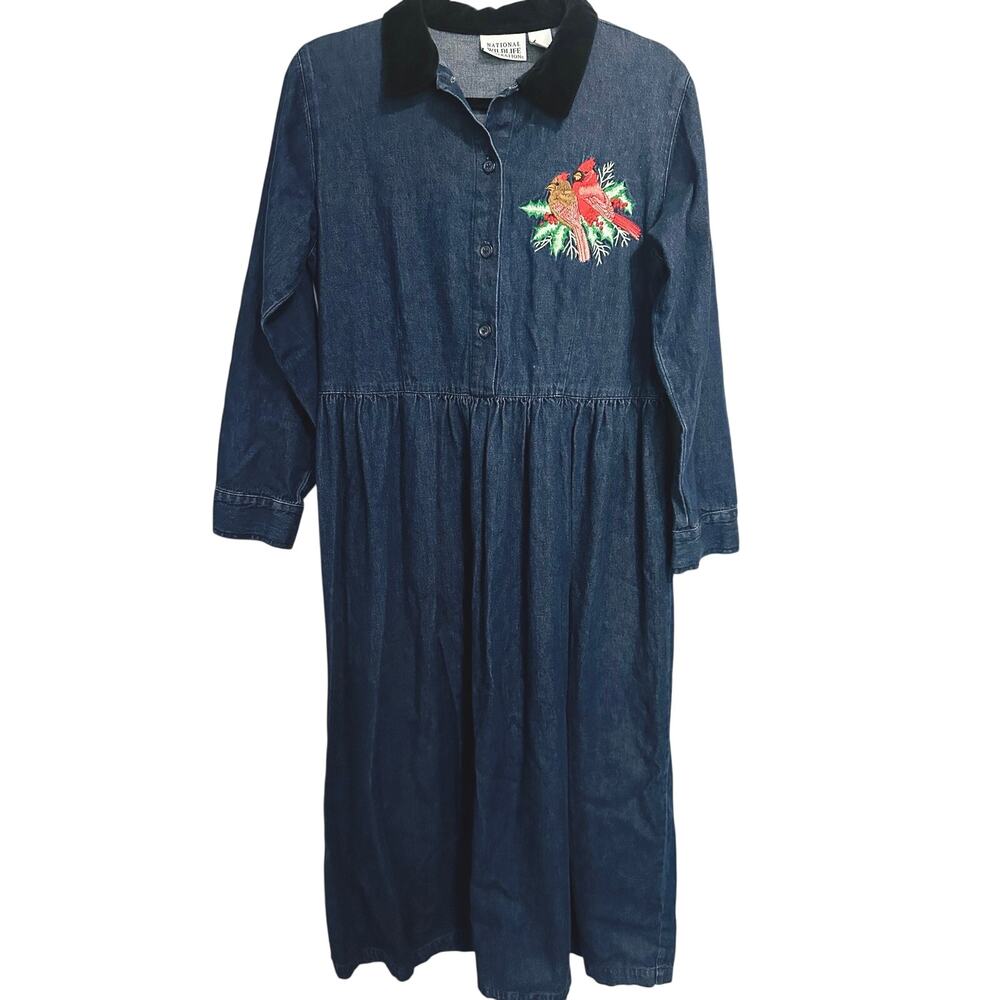 National Wildlife Federation Vintage Denim Dress Embroidered Cardinals Y2K 90s